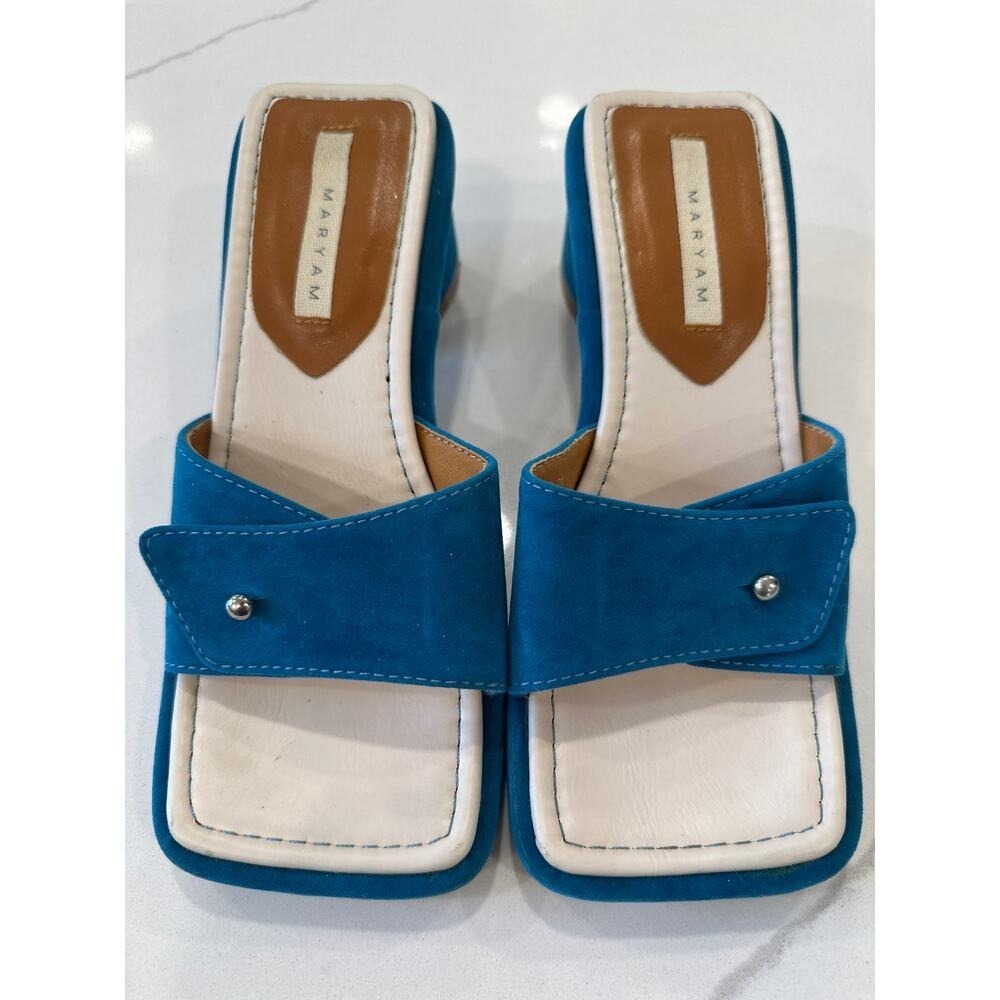 Maryam Eva Mule Sandals Turquoise Size 35 Designer Suede Leather Sz 5-6 Bluebird